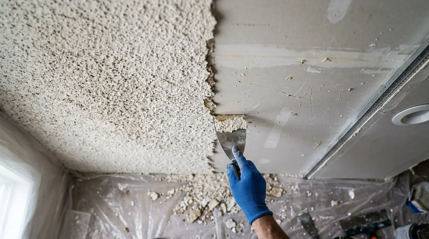 Ceiling half scraped of popcorn texture