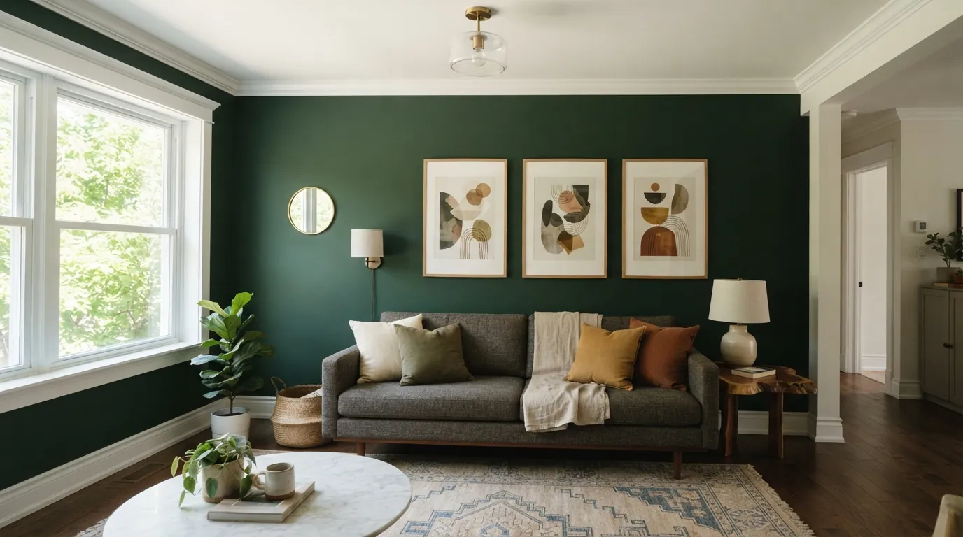 Deep green accent wall with crisp white trim in an Atlanta living room