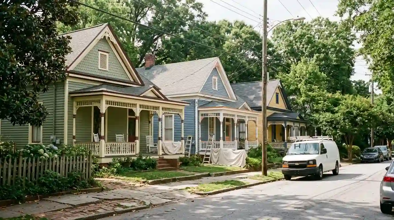 Restored Victorian cottages on a historic Atlanta street