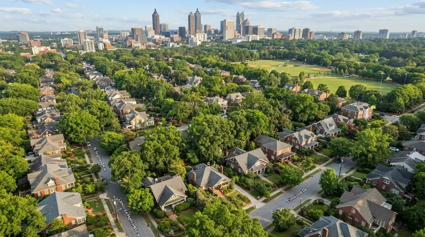 Tree-lined intown Atlanta streets with bungalows