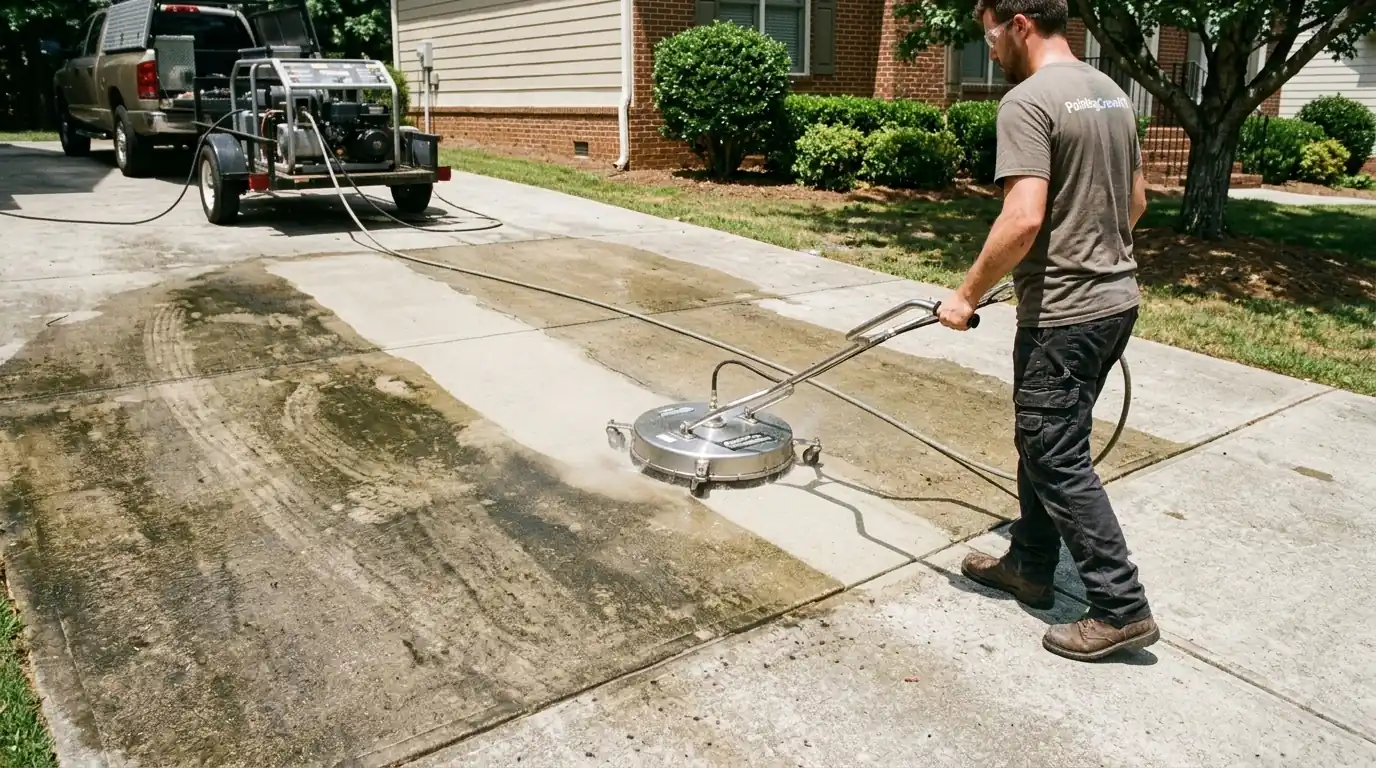 Surface cleaner lifting stains from a concrete driveway