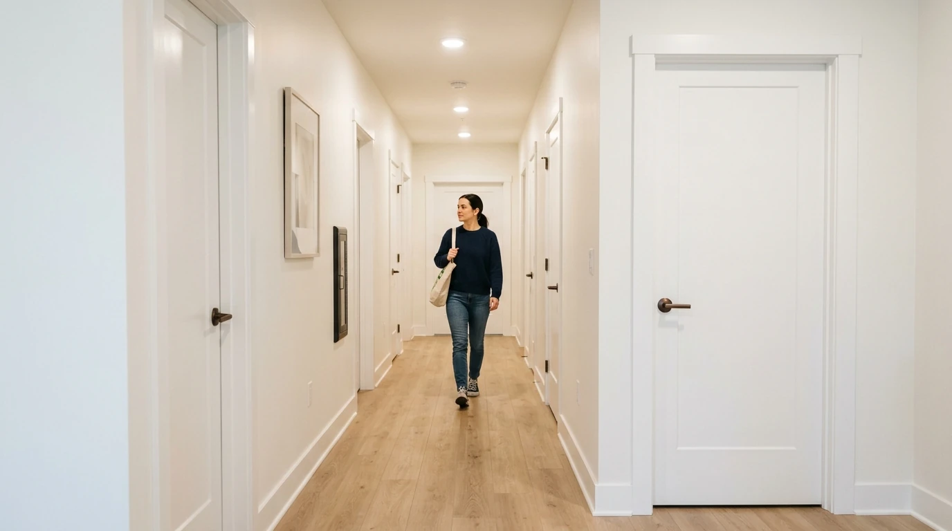 Apartment hallway repainted with fresh trim and doors