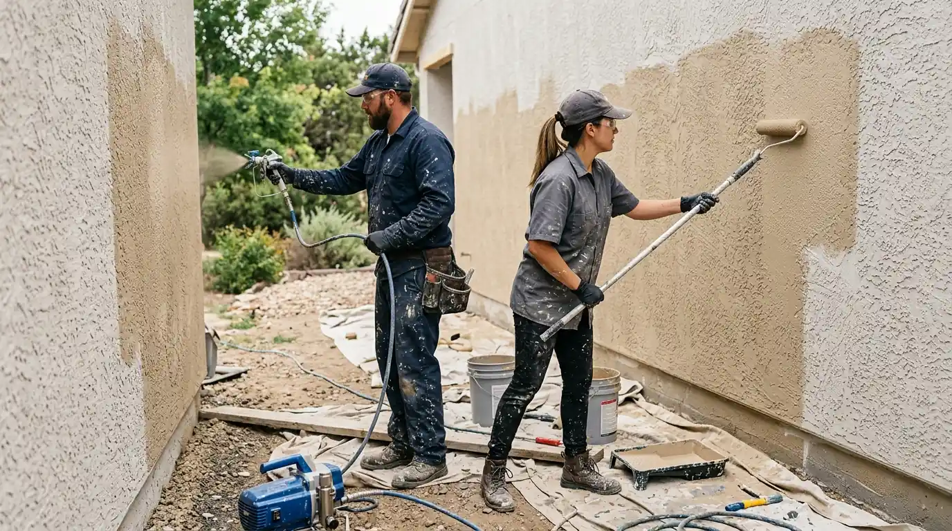 Spraying and back-rolling a stucco wall