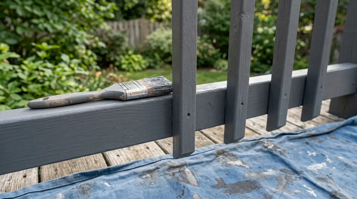 Deck railing finished in solid gray stain