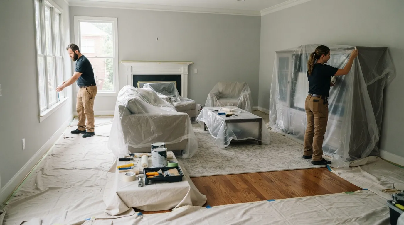 Crew protecting floors and furniture before an interior job