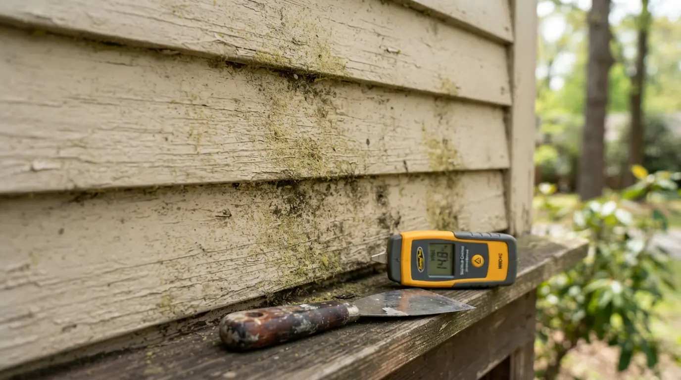Pollen film and mildew on aging Atlanta lap siding before prep