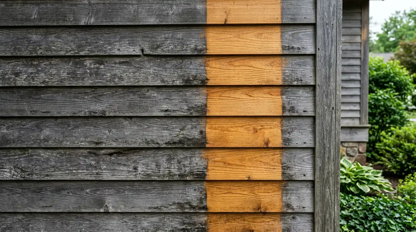 Gray cedar siding next to a cleaned section