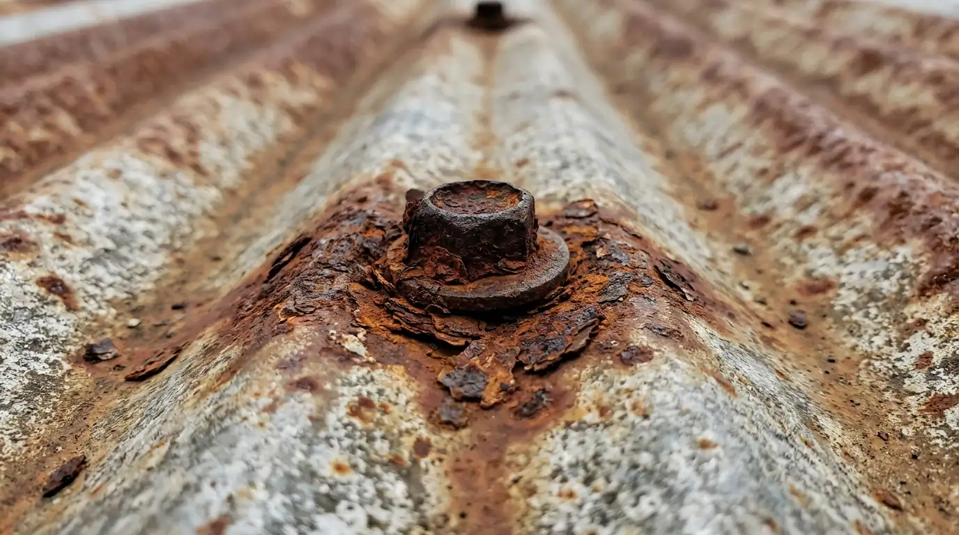 Rust around fasteners on a corrugated metal roof