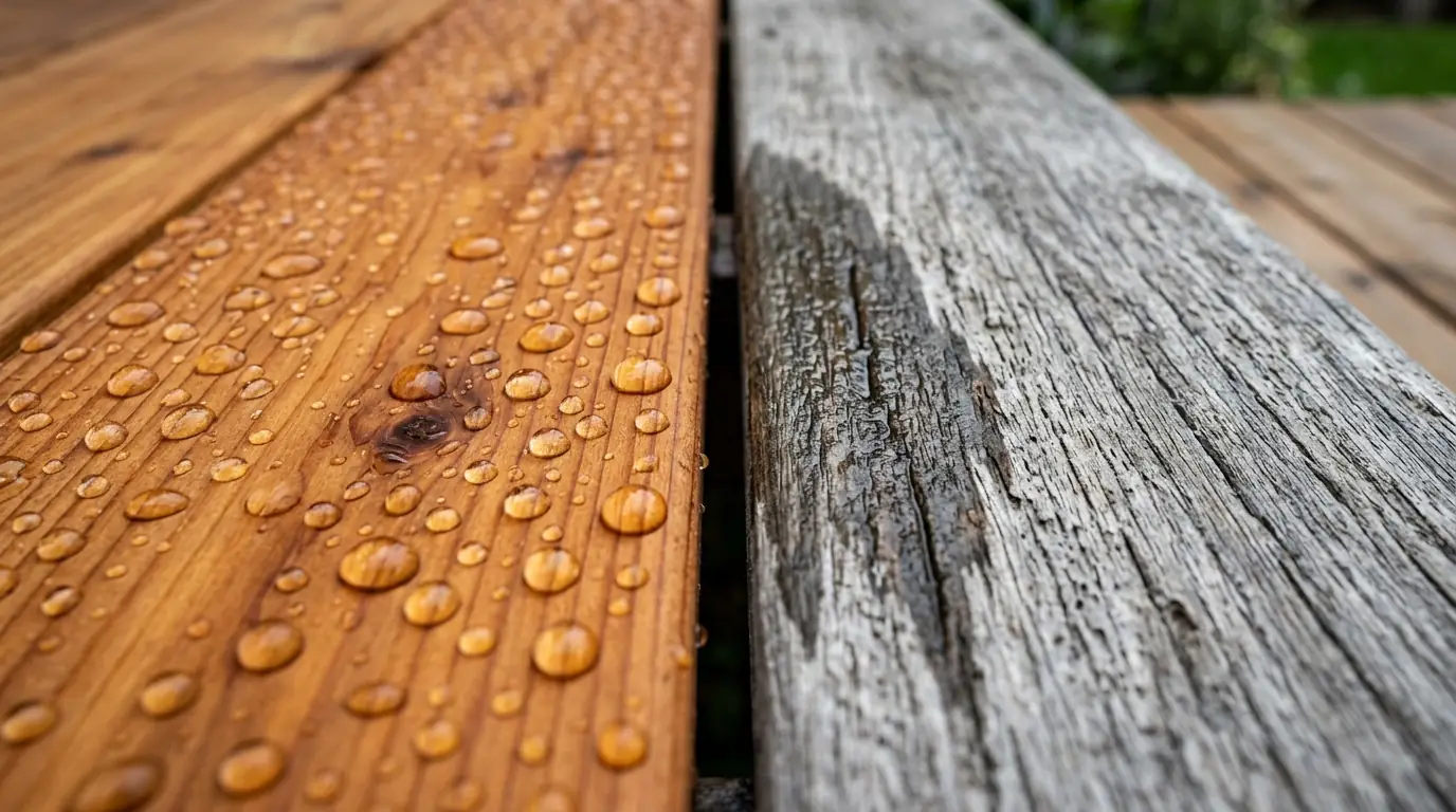 Water beading on a freshly sealed deck board