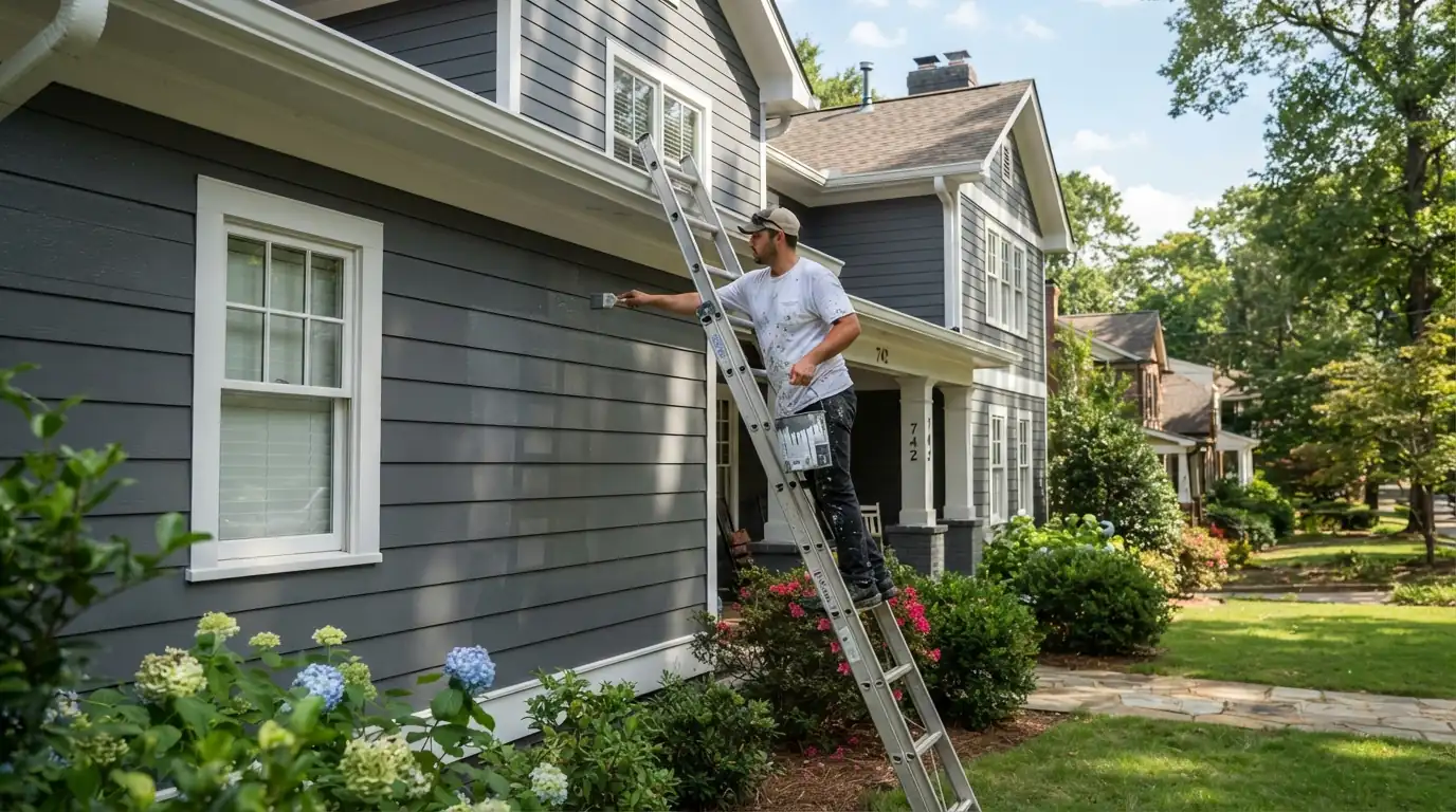 Painter on a ladder finishing lap siding on a two-story Atlanta home