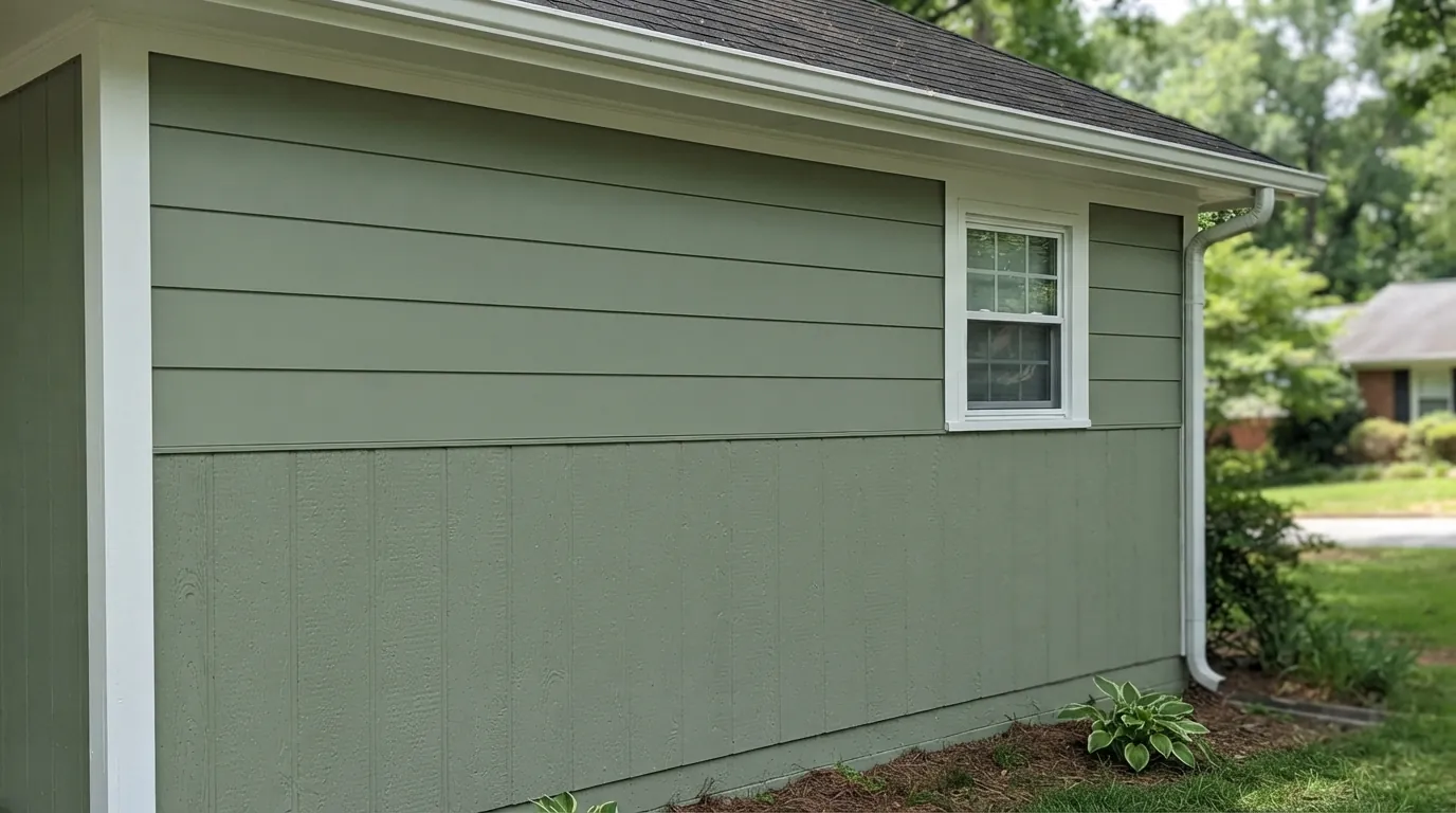 Repainted hardboard beside new fiber cement panels
