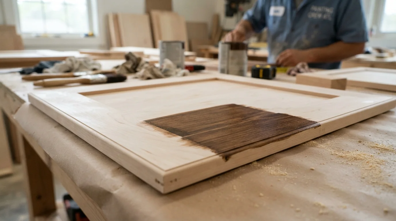 Stain color sample on the back of a cabinet door