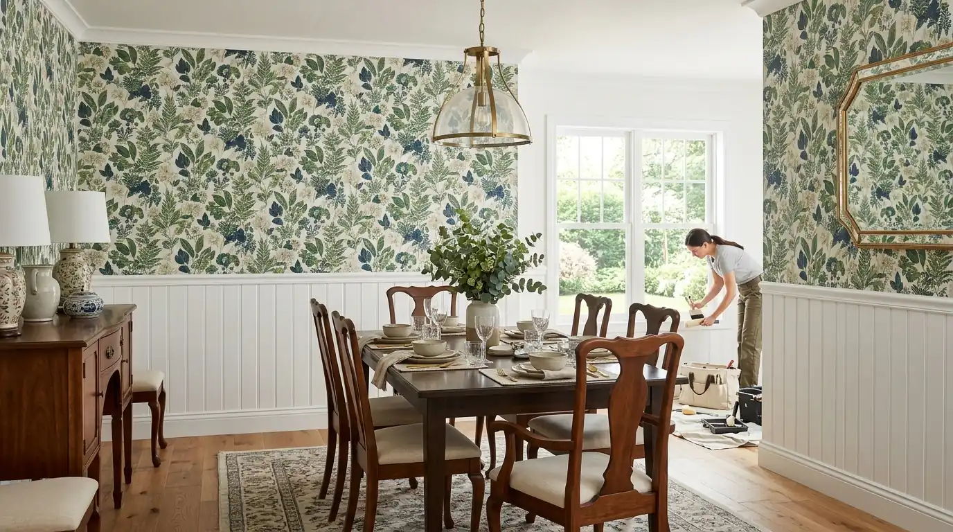 Dining room with newly hung botanical wallpaper