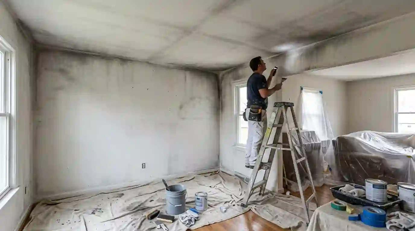 Smoke-stained ceiling corners before sealing
