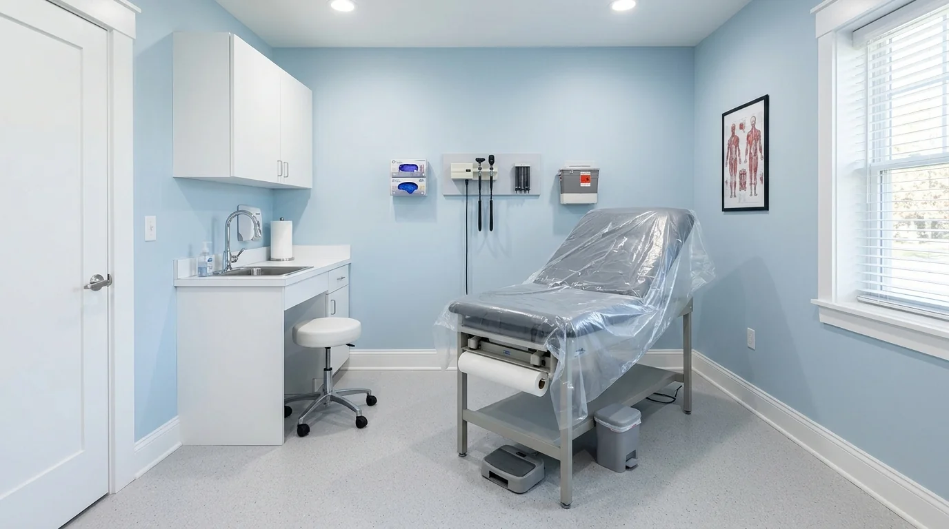 Freshly painted clinic exam room with scrubbable wall finish