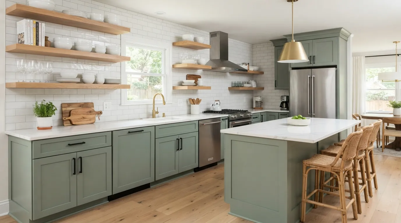 Kitchen mixing painted and refinished cabinets