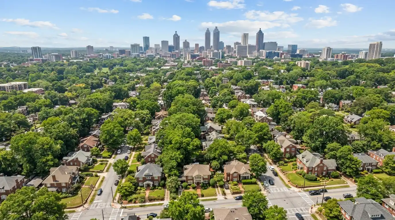 Tree-lined intown Atlanta streets from above