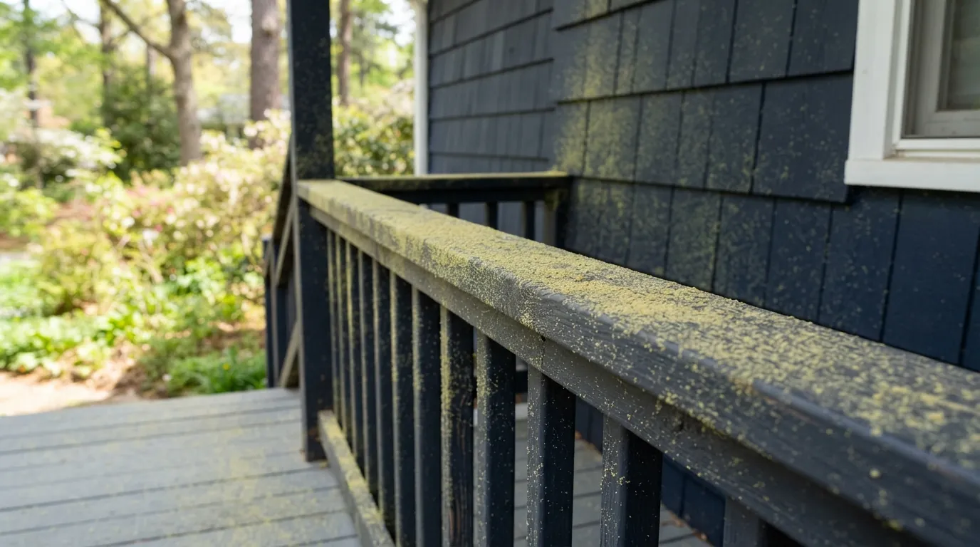 Pollen dust on a porch railing and siding
