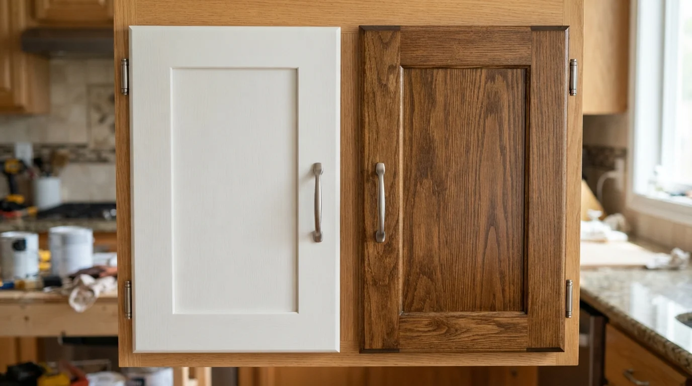 Painted and refinished cabinet doors side by side