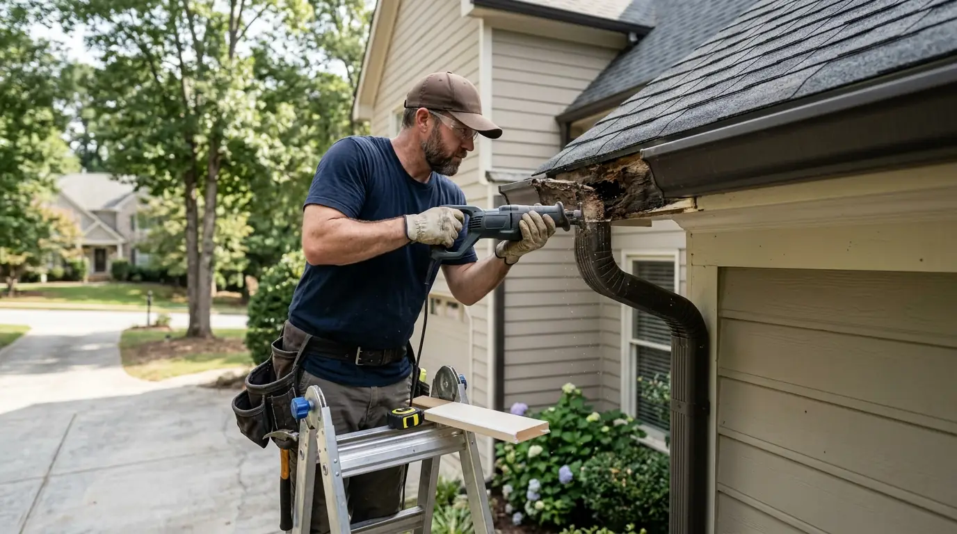 Cutting out rotted fascia under a gutter