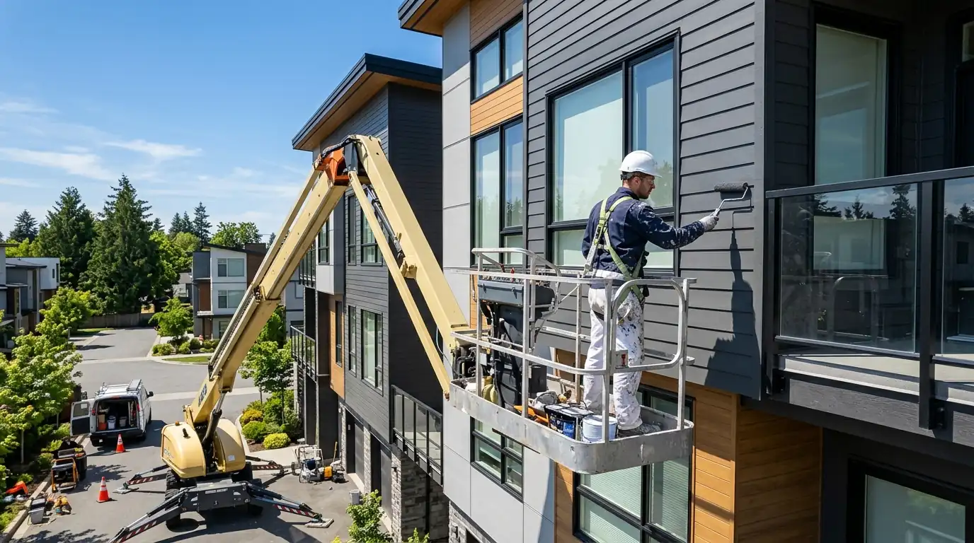 Painting the upper floor of a condo building from a lift