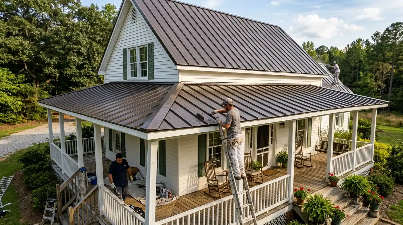 Standing seam metal roof freshly coated
