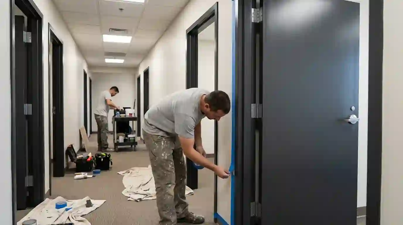 Steel office doors refinished in charcoal