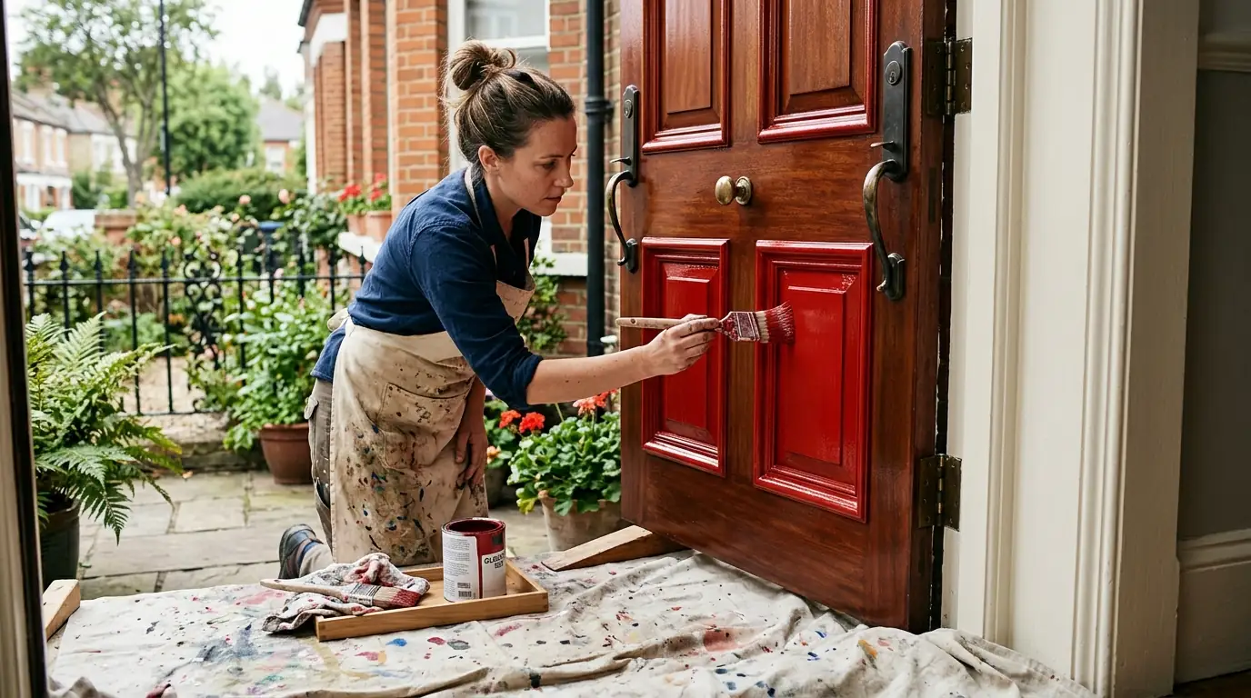 Painter brushing enamel onto a front door in place