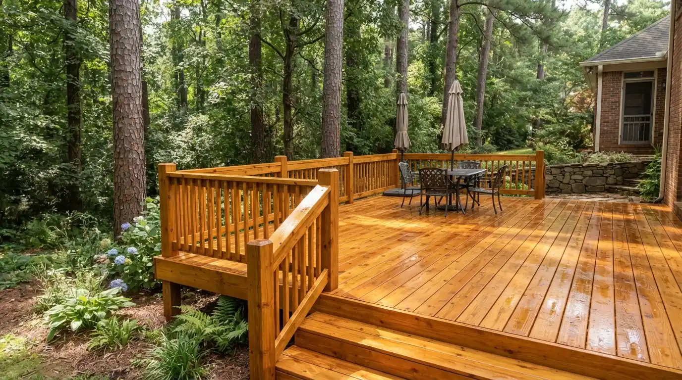 Freshly stained cedar deck in a warm honey tone under Atlanta pines