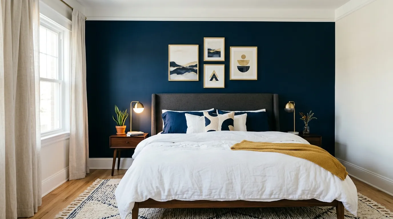 Deep navy accent wall behind a bed
