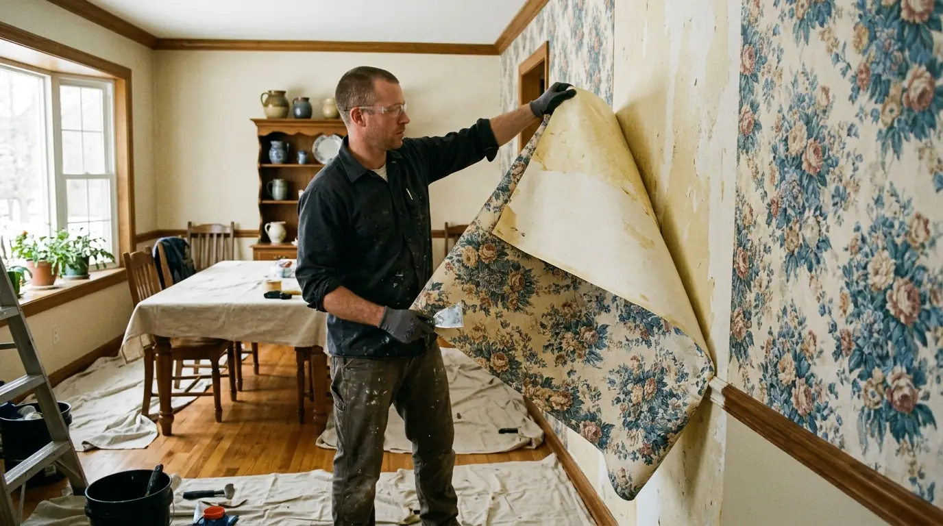 Vinyl wallpaper being peeled from a dining room wall in Atlanta