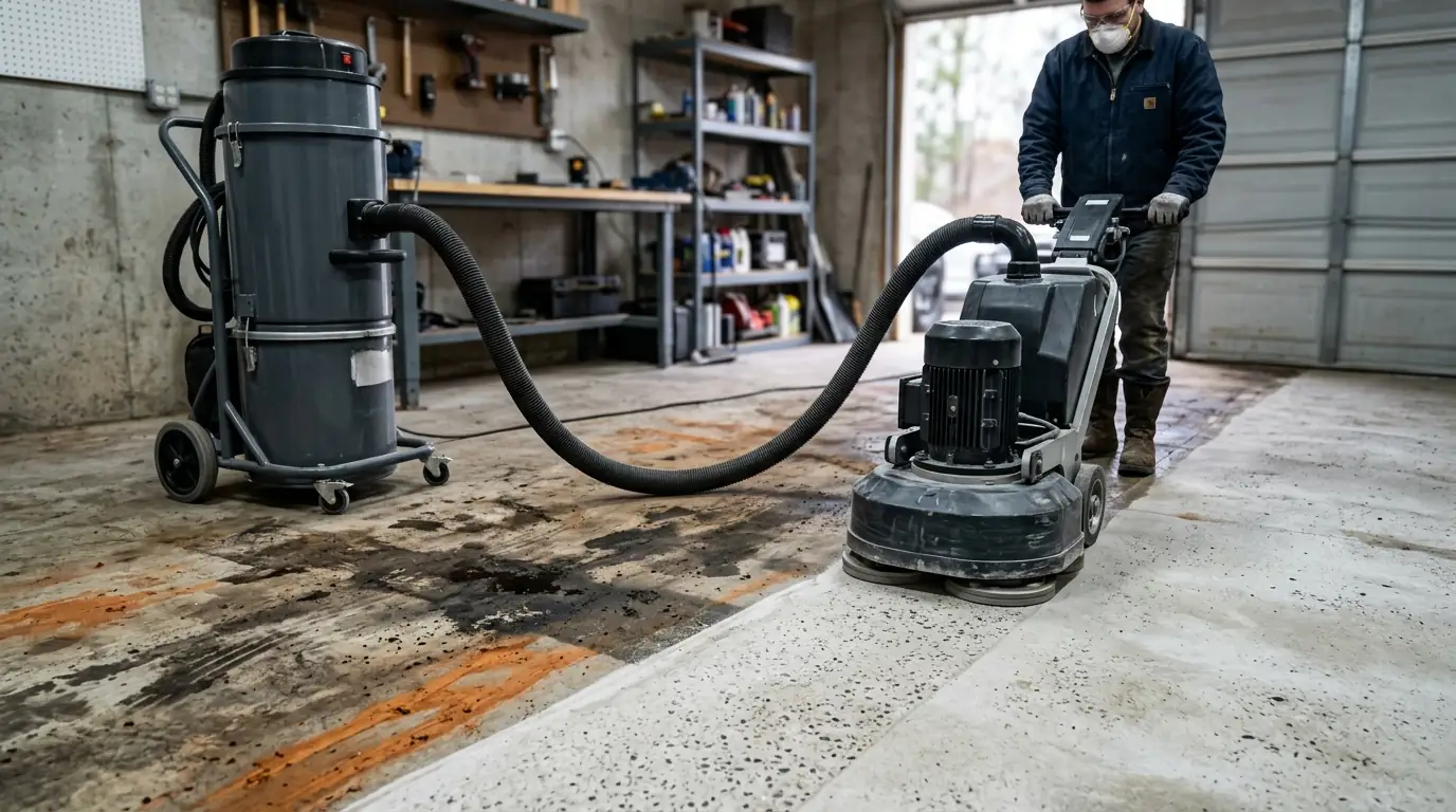 Diamond grinder removing clay staining from a garage slab before coating